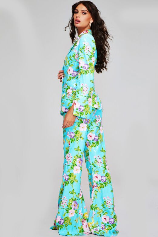 Jovani 42146 Floral Sequin Plunging Neck Pant Suit