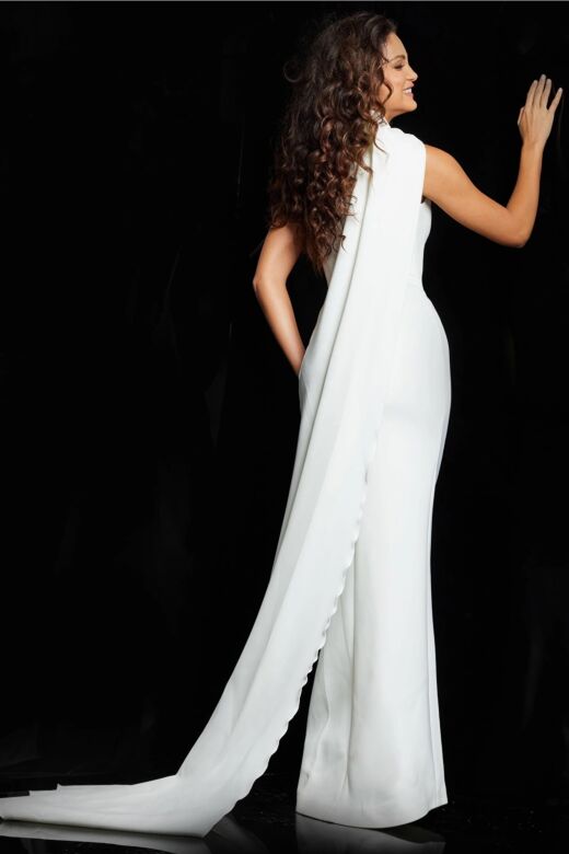 Jovani 09709 Watteau Train High Neck Wedding Gown