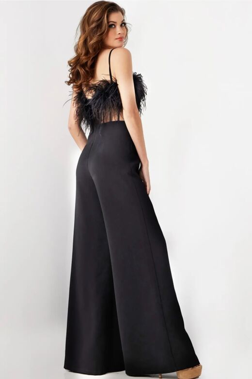 Jovani 24144 Illusion Midriff Feather Top Jumpsuit