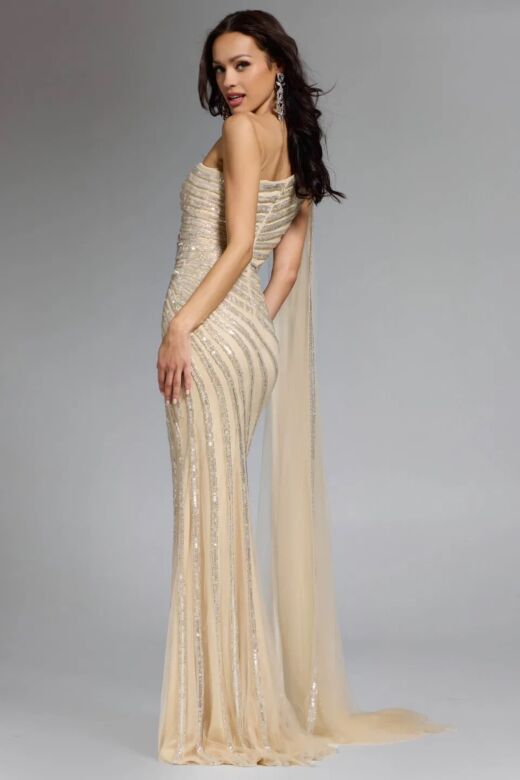 Jovani 23774 Hanging Sleeve Asymmetric Neck Beaded Dress