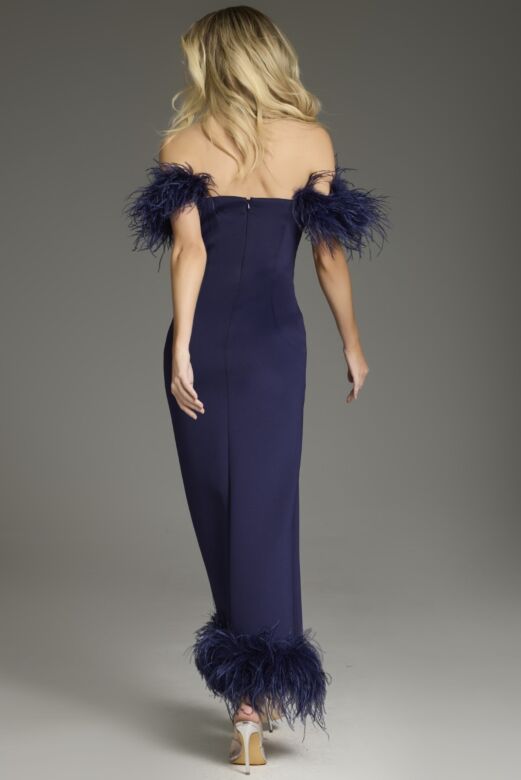 Jovani 36375 Feather Hem Side Slit Off The Shoulder Dress