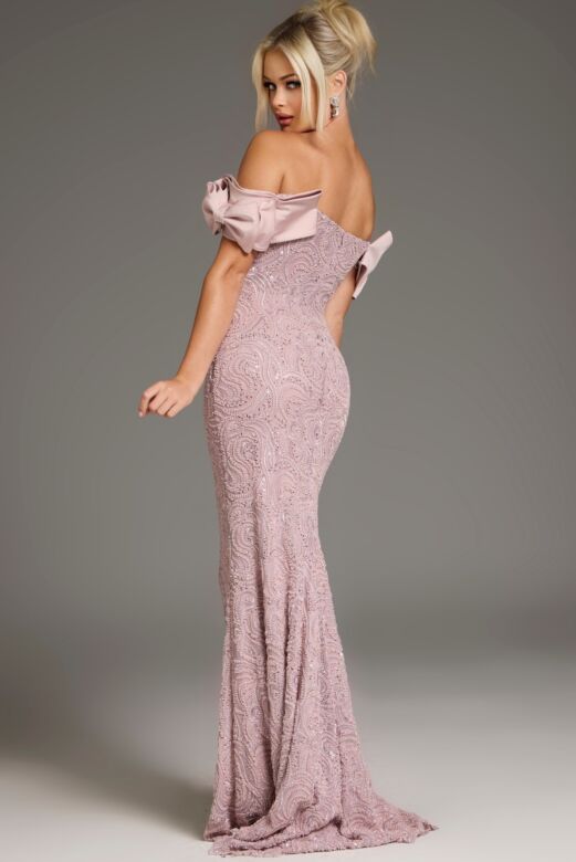Jovani 38112 Bow Sleeves Off The Shoulder Lace Dress