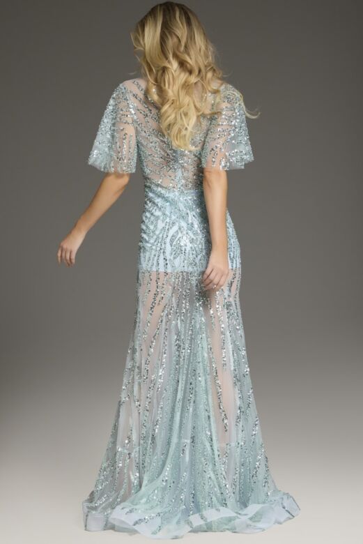 Jovani 39008 Butterfly Sleeve V-Neck Illusion Sequin Dress