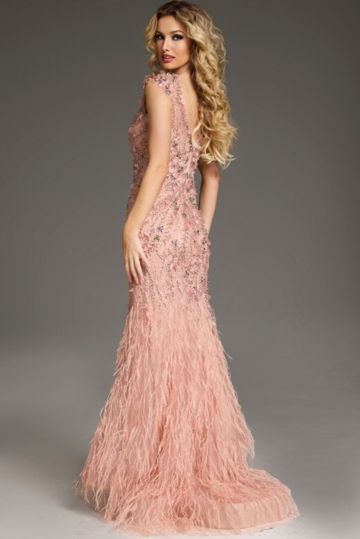 Jovani 39174 Cap Sleeves Feather Hem Floral Dress
