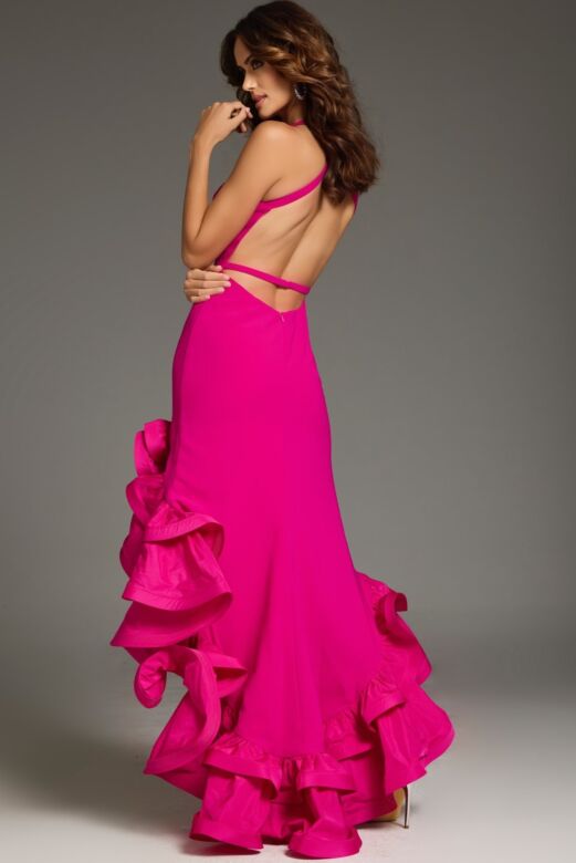 Jovani 39893 Ruffle Hem High Low Halter Neck Dress