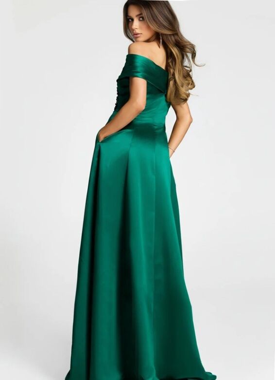 Jovani 43808 A-Line Satin Pleated Off-The-Shoulder Dress