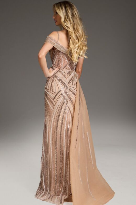 Jovani 44843 Side Overskirt Geometric Plunging Neck Dress