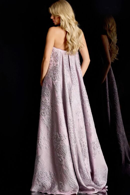Jovani 45309 Watteau Train Strapless Jacquard Dress
