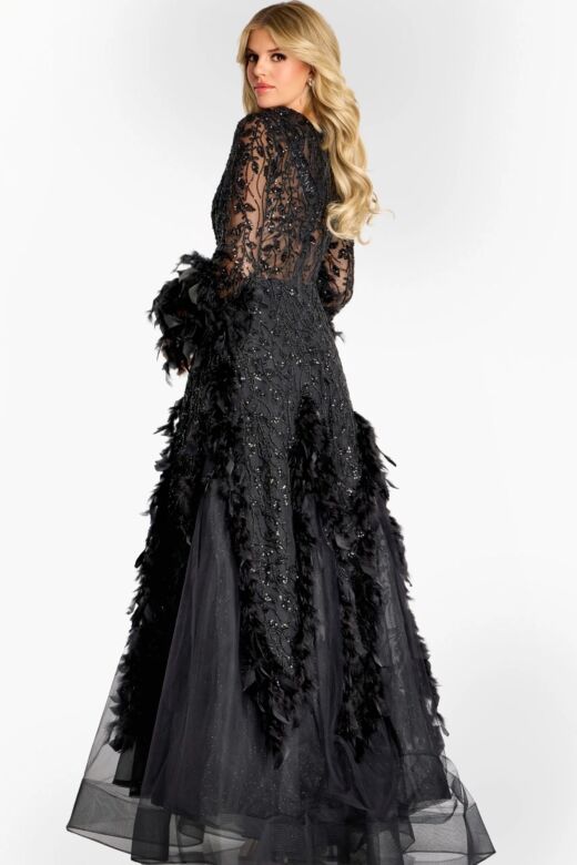 Jovani 45801 Feathered Embroidery Plunging Neck Dress