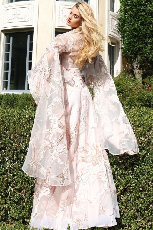 Jovani 46318 Bell Sleeves Collared Floral Dress