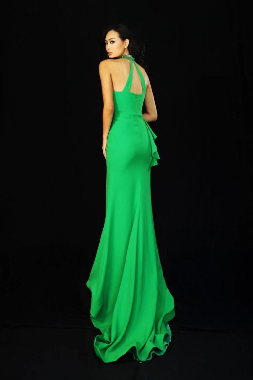 Jovani 48897 Beaded Halter Neck Side Ruffle Drape Dress
