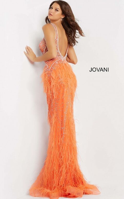Jovani 03023 Feather Skirt Beaded Dress