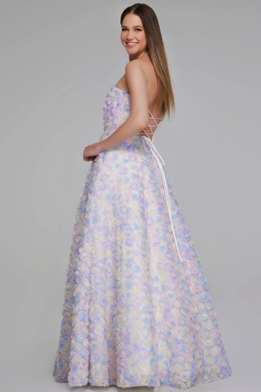 Jovani K05939 3D Flowers Strapless Lace-Up Dress