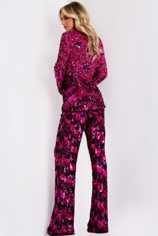 Jovani 46645 Long Sleeve Plunging Neck Sequin Pant Suit