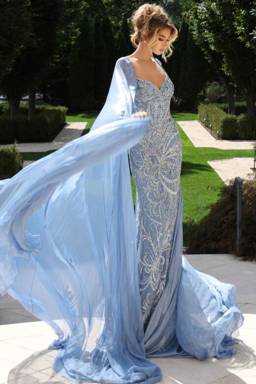 Jovani S43438 Cape Sleeve Scalloped Neck Dress