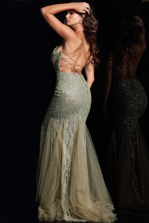 Jovani 39292 Godet Skirt Lace-Up Back Dress