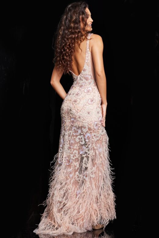 Jovani 06622 Feather Skirt Floral Dress