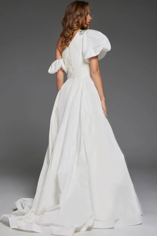 Jovani 36872 Asymmetrical Neckline Puff Sleeve Dress