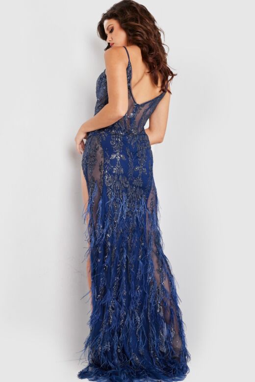 Jovani 36885 Feather Skirt Sheer Bodice Dress
