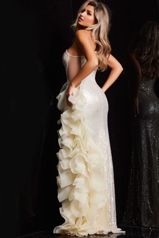 Jovani 37344 Ruffle Slit One Shoulder Dress