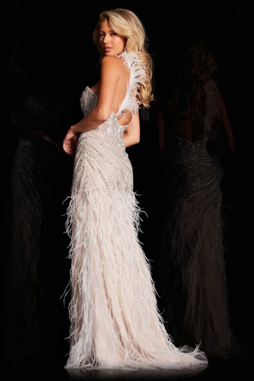 Jovani 37442 Feather Skirt One Shoulder Dress