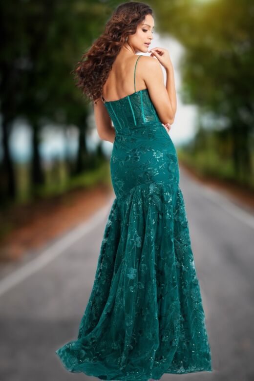 Jovani 38004 Floral Embroidery Sheer Corset Dress