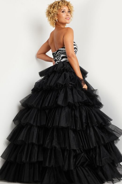 Jovani 38360 Zebra Beadwork Ruffle Skirt Dress