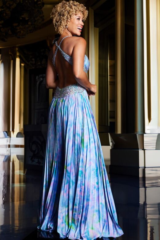 Jovani 38722 Beaded Waist Criss Cross Back Dress