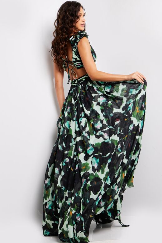 Jovani 39420 Criss Cross Waist Floral Print Dress