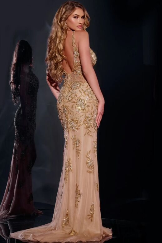 Jovani 07355 Floral Embellished Plunging Neck Dress