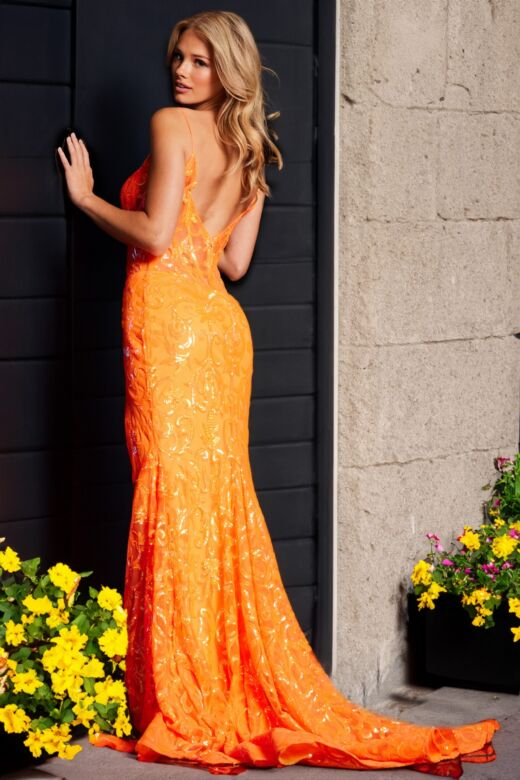 Jovani 23216 Sheer Corset V-Neck Sequin Dress