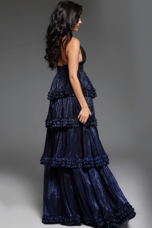 Jovani 38296 Ruffle Skirt Plunging Neck Metallic Dress
