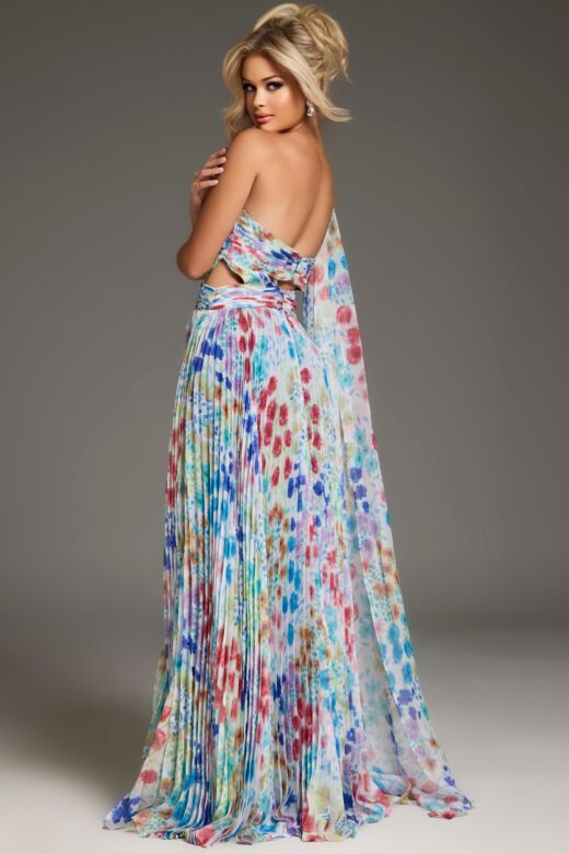 Jovani 38689 Multiple Cutout Pleated Floral Dress