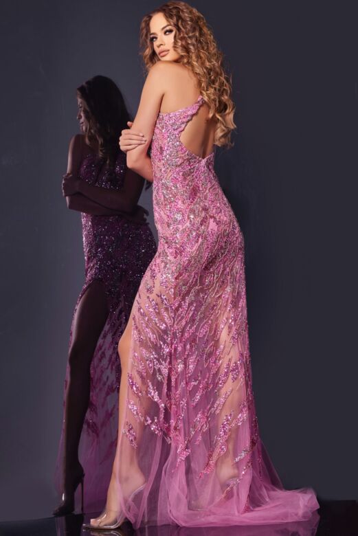 Jovani 38769 High Slit One Shoulder Embellished Dress