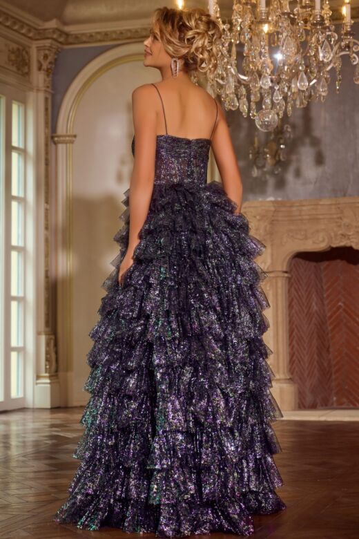 Jovani 39305 Ruffle Skirt Sweetheart Neck Glitter Dress