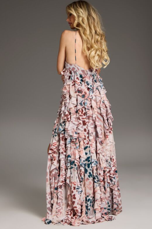 Jovani 39822 Halter Neckline Ruffle Print Dress