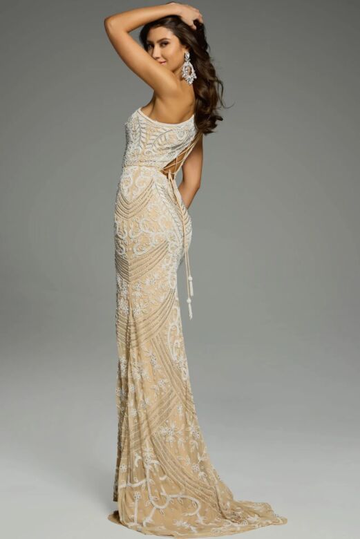 Jovani 39895 Lace-Up Back High Slit One Shoulder Dress