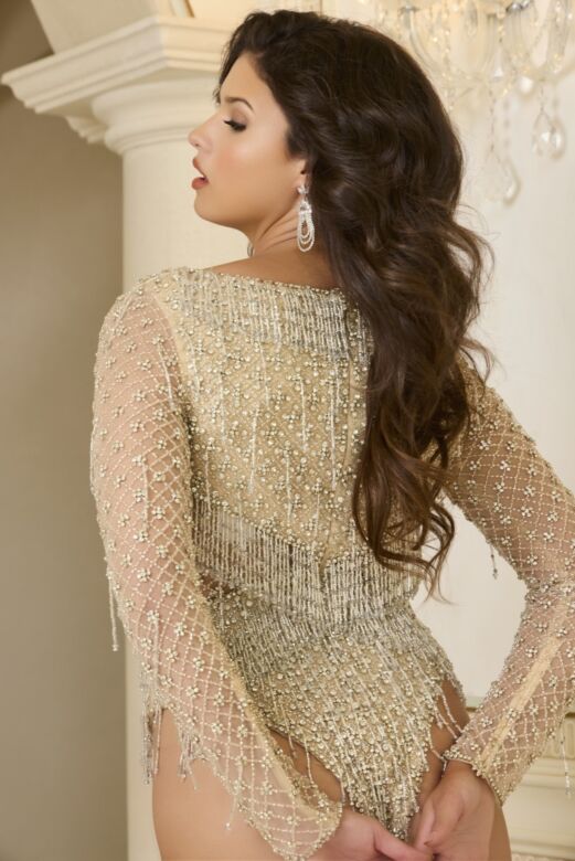 Jovani 39955 Long Sleeve Fringe Bodysuit Pageant Dress