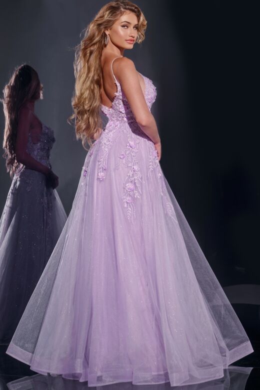 Jovani 40472 Floral Appliques Plunging Neck Dress