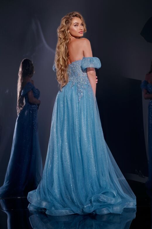 Jovani 40474 Puff Sleeves High Slit Glitter Dress