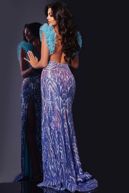 Jovani 40761 Ruffle Straps Geometric Sequin Dress