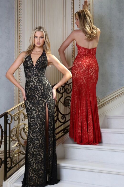 Jovani 42724 Plunging Halter Beaded Lace Dress
