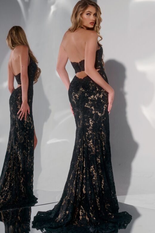 Jovani 43097 Cutout Back Halter Neck Lace Dress