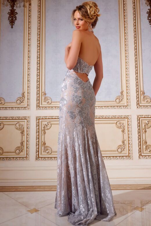 Jovani 43098 Halter Neckline High Slit Lace Dress