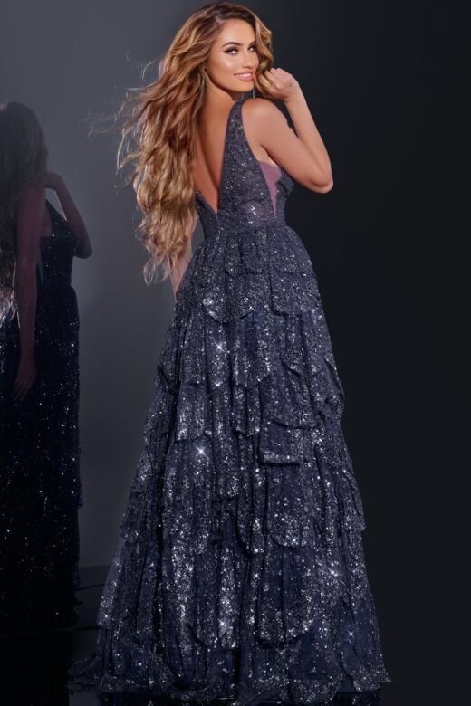 Jovani 43198 Tiered Skirt Plunging Neck Glitter Dress