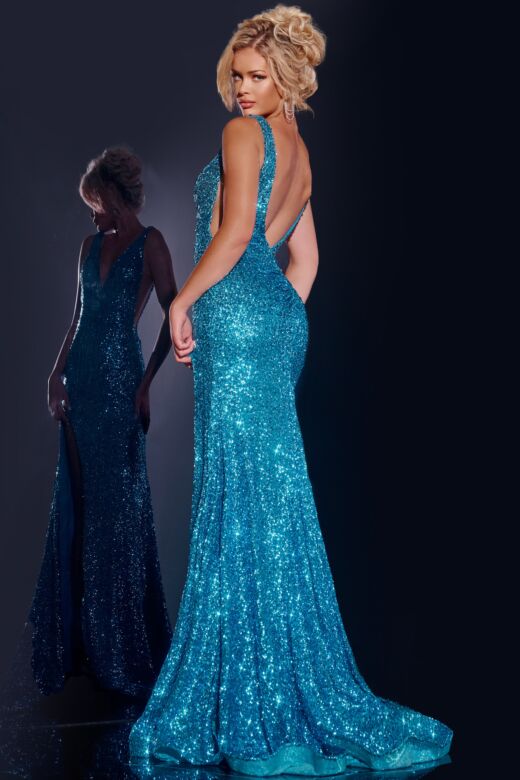 Jovani 43725 Sheer Sides V-Neck Sequin Dress