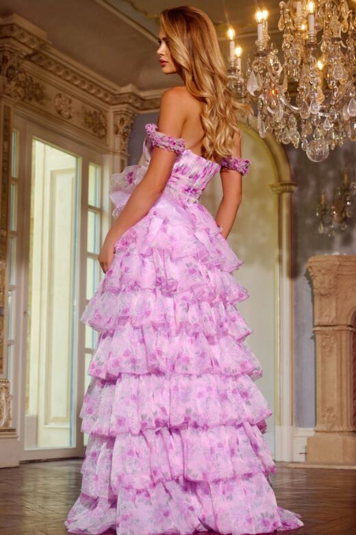 Jovani 43786 Ruffle Skirt Off The Shoulder Floral Dress