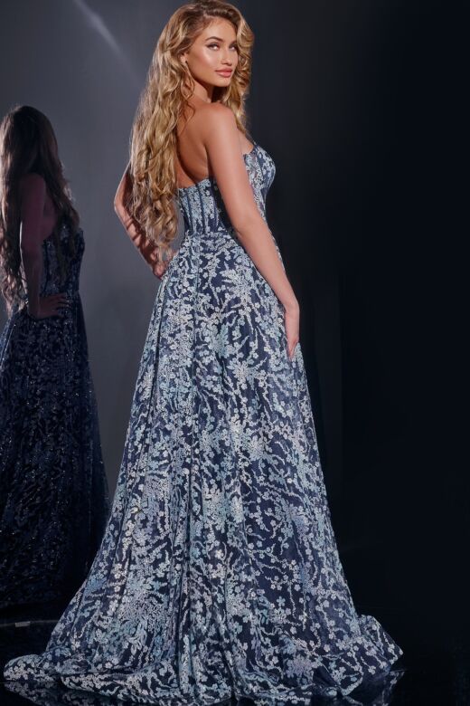 Jovani 44151 Strapless Corset Floral Glitter Dress