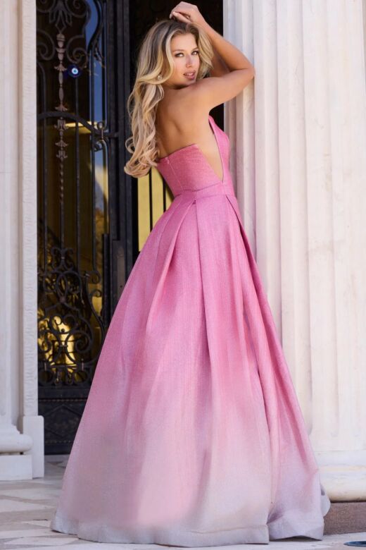 Jovani 44435 Pleated Skirt Sheer Sides Ombre Glitter Dress