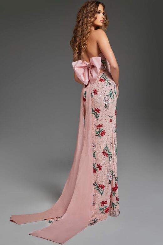 Jovani 44636 Bow Train Halter Neck Floral Dress
